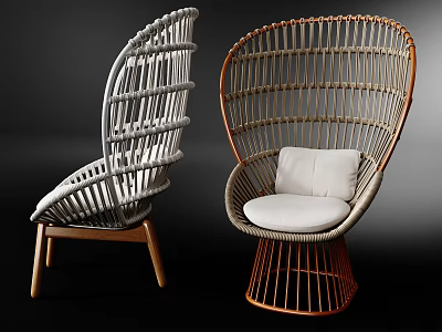 Two Stylish Rattan Leisure Chairs With Gray Beige Frames Wooden Legs And White Cushions 3d model