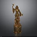 Golden Female Statue With Bird In Hand And Decorative Pedestal