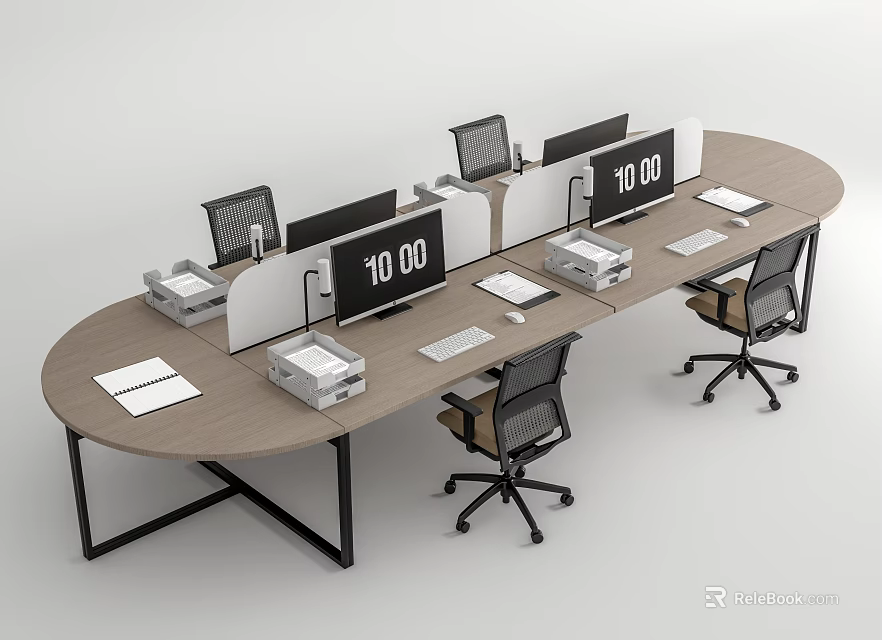 Oval Office Desk With Multiple Workstations Computer Monitors Printers And Office Chairs 3d model