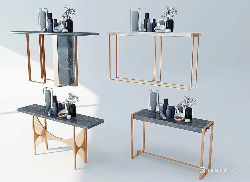 Modern Console Table Designs With Marble Tops Metal Frames And Decorative Vases 3d model