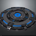 Futuristic Sci Fi Character Interacting With Circular Tech Device Featuring Blue Core And Control Panels 3d model