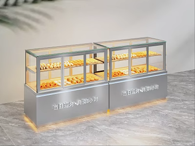 Stainless Steel Glass Display Shelves For Bakery With Fresh Pastries And Lighting 3d model