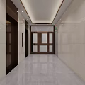 Modern Elevator Hallway With Polished Flooring Ceiling Lighting And Green Exit Sign 3d model