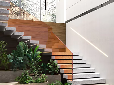 Modern Indoor Staircase With Glass Handrail Wooden Steps And Green Plants 3d model