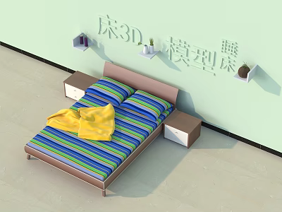 Double Bed with Blue Green Striped Mattress Yellow Blanket Bedside Tables and Wall Shelves 3d model
