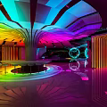 Futuristic Bar Interior With Neon Lighting Geometric Structures And Mirrored Floors 3d model