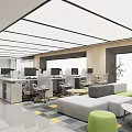 Modern Open Public Office Space With Workstations Computers Sofas And Green Plants 3d model