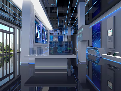 Modern Hi tech Exhibition Hall with Blue Lighting Displays and Exhibition Stands 3d model