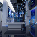 Modern Hi tech Exhibition Hall with Blue Lighting Displays and Exhibition Stands