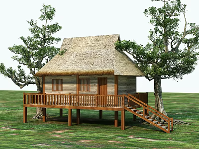 Thatched Cottage With Wooden Porch Stairs And Trees In Grassland Setting 3d model