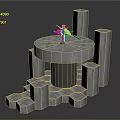 Game and Movie Character Standing On Circular Metal Platform With Glowing Green Columns In Futuristic Sci Fi Scene