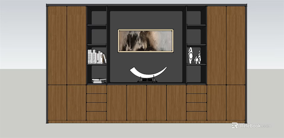 Modern Wooden Decorative Cabinet With Open Shelves Books Artwork And Drawers 3d model 
