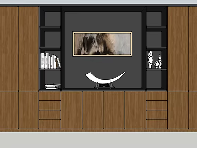 Modern Wooden Decorative Cabinet With Open Shelves Books Artwork And Drawers 3d model