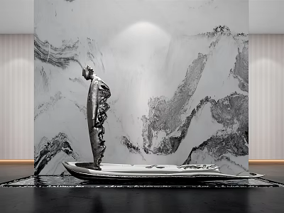 Silver Metal Standing Figure Sculpture With Boat Base And Mountain Water Wall In Indoor Exhibition 3d model