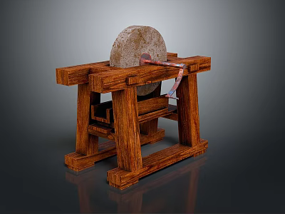 Traditional Stone Mill Grinding Equipment With Sturdy Wooden Stand Base 3d model