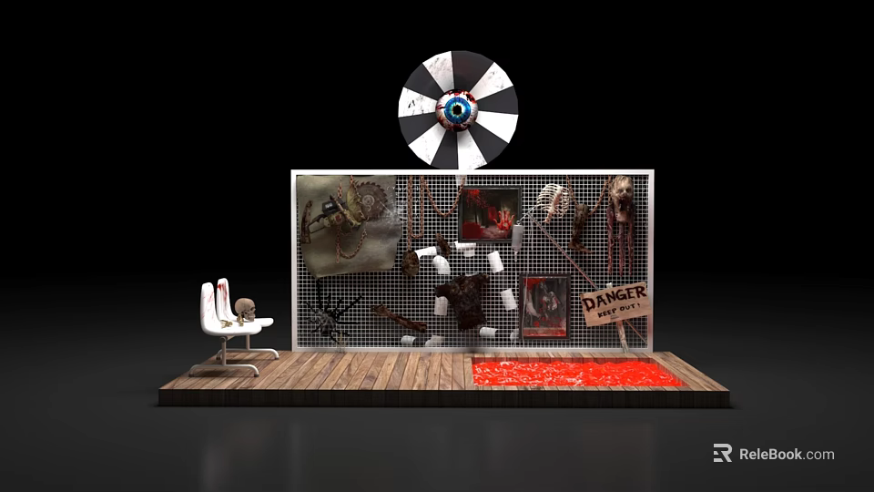 Spooky Photo Spot With Danger Sign Skull Decorative Paintings And Red Floor 3d model 