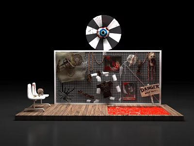 Spooky Photo Spot With Danger Sign Skull Decorative Paintings And Red Floor 3d model