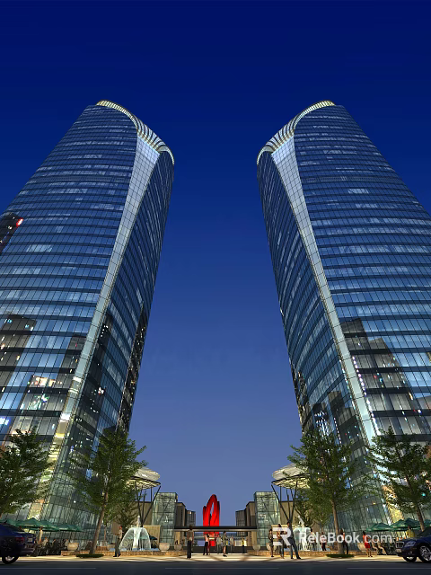 Modern Glass Office Towers Illuminated at Night With Blue Sky and Greenery at Base 3d model 