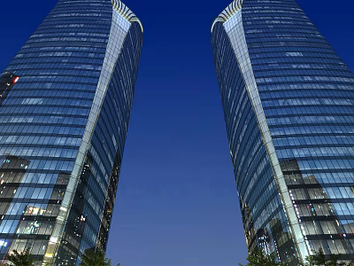 Modern Glass Office Towers Illuminated at Night With Blue Sky and Greenery at Base 3d model