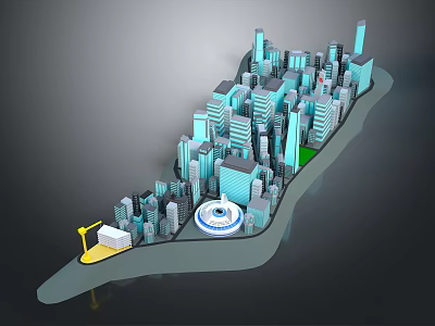 Future Architecture 3D City Model With Skyscrapers Construction Crane And Circular Plaza 3d model