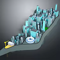 Future Architecture 3D City Model With Skyscrapers Construction Crane And Circular Plaza