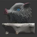 Fantasy Creature Head Sculpture With Gray Fur Pink Ears And Blue Eyes On White Base
