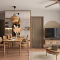 Modern Living Dining Area Interior With Open Concept Wooden Cabinets White Countertops And Lighting