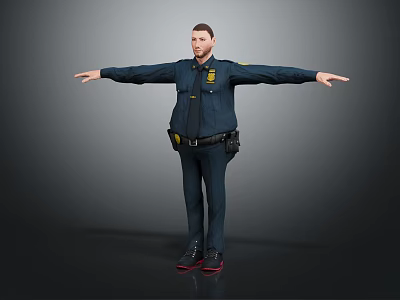 Police Officer Standing With Arms Outstretched In Dark Blue Uniform Against Gray Background 3d model