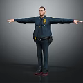 Police Officer Standing With Arms Outstretched In Dark Blue Uniform Against Gray Background