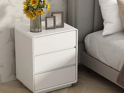 Stylish White Three Drawer Nightstand In Bedroom With Vase Yellow Flowers And Photo Frames 3d model