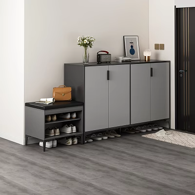 Gray Shoe Cabinet With Closed Doors Open Shelves And Decorative Items In Hallway 3d model