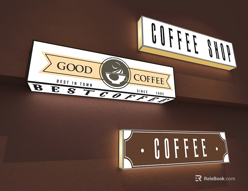 Coffee Shop Signboards Showing Best Good Coffee Est In 2021 With Stylish Lit Decorative Design 3d model 