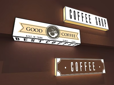 Coffee Shop Signboards Showing Best Good Coffee Est In 2021 With Stylish Lit Decorative Design 3d model