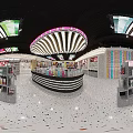 Modern Specialty Store Interior Featuring Central Display Counter Organized Shelves And Unique Lighting Design