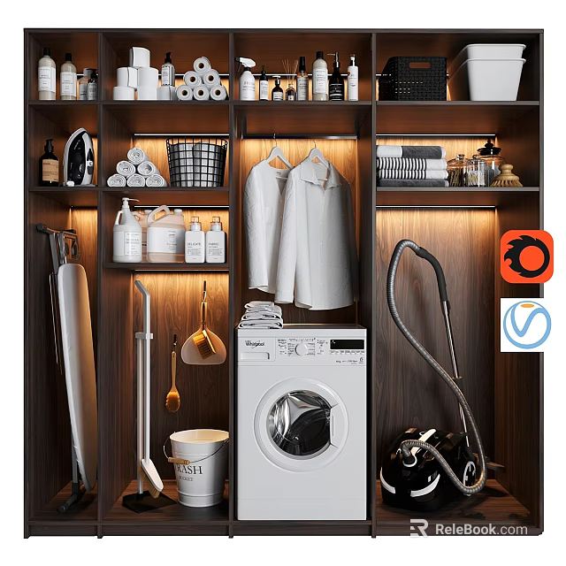 Organized Daily Laundry Cleaning Supplies With Washing Machine Vacuum Mop And Storage Shelf 3d model 
