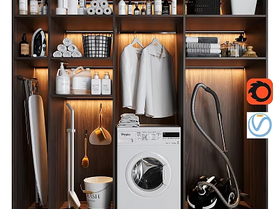 Organized Daily Laundry Cleaning Supplies With Washing Machine Vacuum Mop And Storage Shelf 3d model