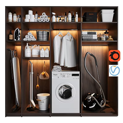 Organized Daily Laundry Cleaning Supplies With Washing Machine Vacuum Mop And Storage Shelf 3d model