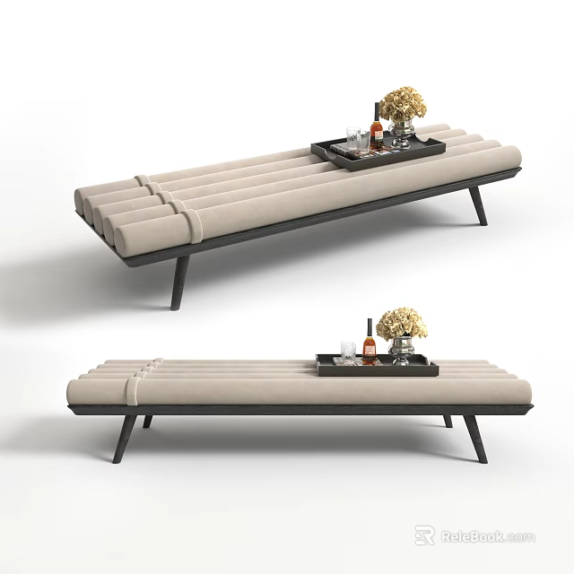 Beige Upholstered Ottoman with Black Legs and Decorative Tray Holding Flowers Wine Bottles 3d model 