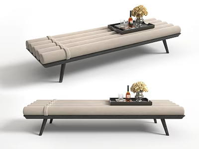 Beige Upholstered Ottoman with Black Legs and Decorative Tray Holding Flowers Wine Bottles 3d model