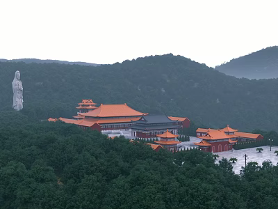 Ancient Chinese Temple Complex With Orange Roofs Surrounded By Mountains And Forests 3d model