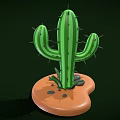 Cartoon Style Green Cactus With Thorns On Brown Base Surrounded By Small Stones And Leaves
