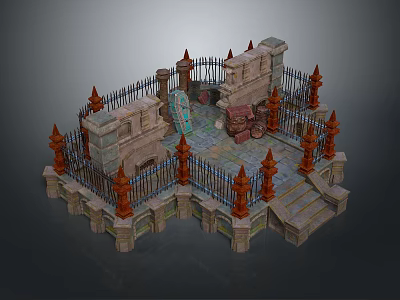 Medieval Courtyard Landscape With Stone Walls Iron Fences Red Spiked Finials And Stone Steps 3d model