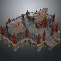 Medieval Courtyard Landscape With Stone Walls Iron Fences Red Spiked Finials And Stone Steps
