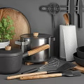 Modern Kitchen Wall Shelves With Storage Jars Plates Knives Cutting Board And Herb Plant