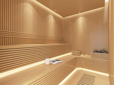 Sauna Room Wooden Interior With Relaxation Bench Seating And Warm Lighting 3d model