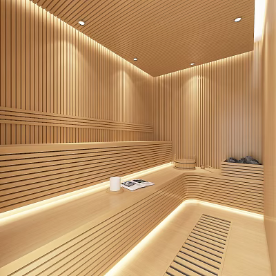 Sauna Room Wooden Interior With Relaxation Bench Seating And Warm Lighting 3d model