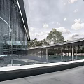 Modern Sales Office Building With Glass Facade And Water Feature Entrance