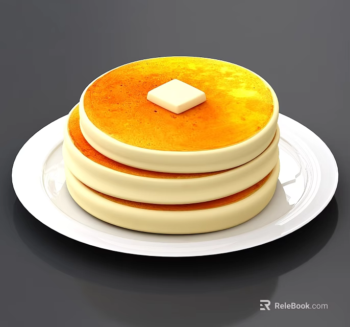 Fluffy Stack of Pancakes Topped with Butter Served on White Plate 3d model 