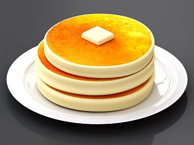 Fluffy Stack of Pancakes Topped with Butter Served on White Plate 3d model