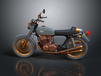Vintage Gray Motorcycle With Copper Engine Black Seat And Gold Wheels 3d model